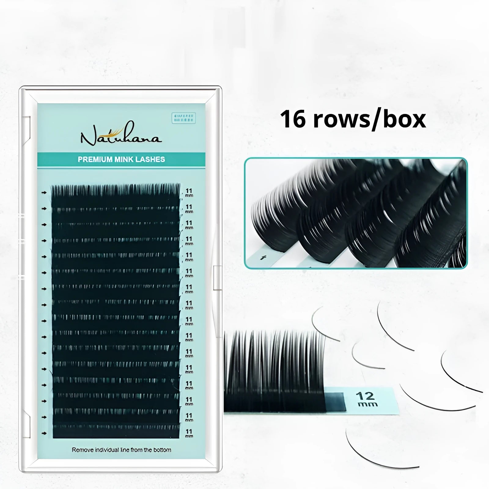 Soft velvet false eyelashes showing artificial fibre construction in various lengths from 7mm to 15mm
