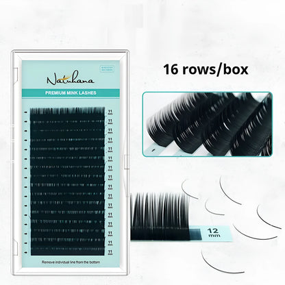 Soft velvet false eyelashes showing artificial fibre construction in various lengths from 7mm to 15mm