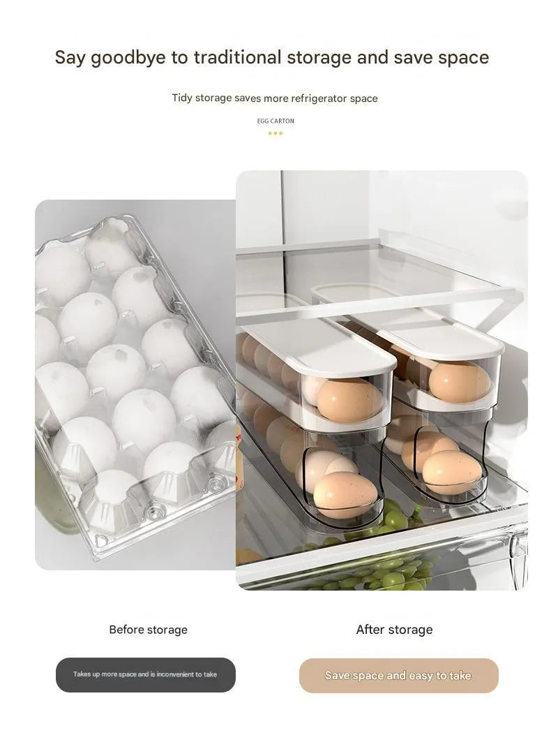 White plastic refrigerator slide-out egg dispenser tray mounted on refrigerator door