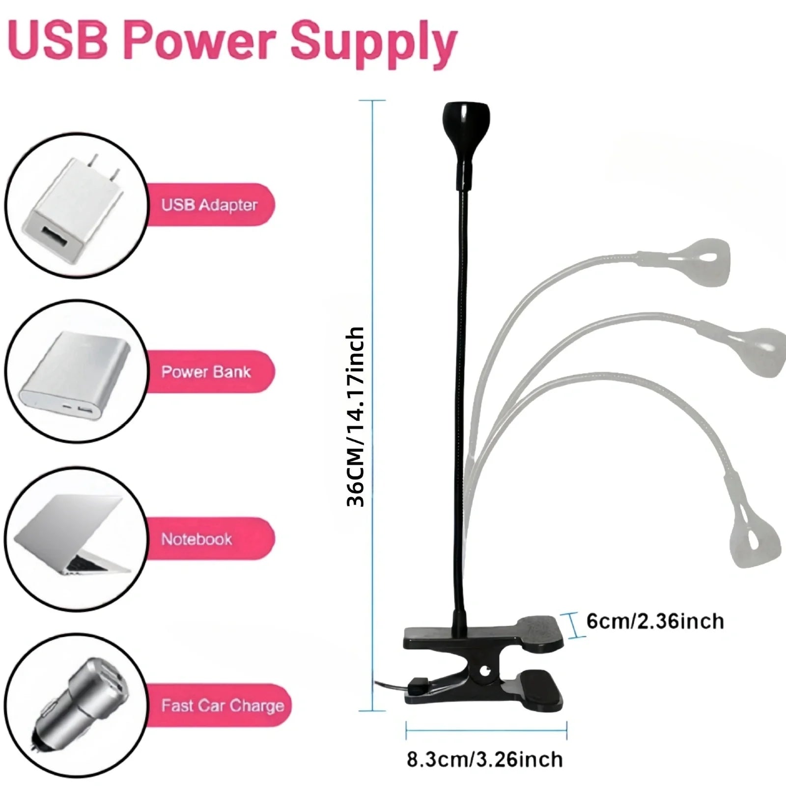 Black gooseneck UV nail lamp with clip attachment, adjustable tube, and straight light body for curing manicures