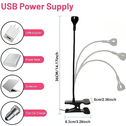 Black gooseneck UV nail lamp with clip attachment, adjustable tube, and straight light body for curing manicures