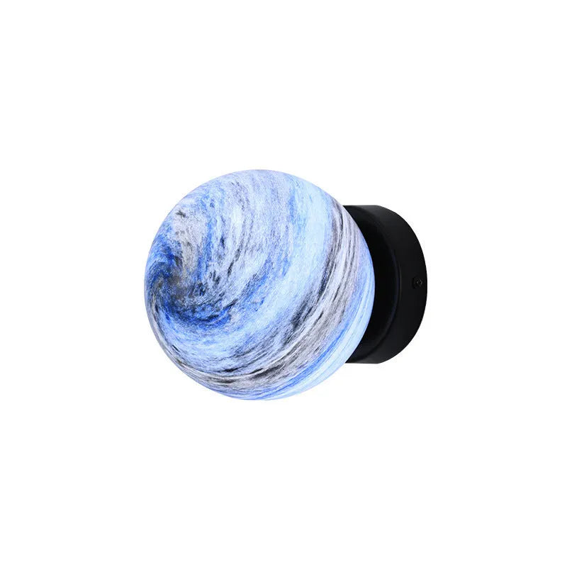 Planet bedside lamp with wrought iron body, glass shade, E27 holder, black or copper finish