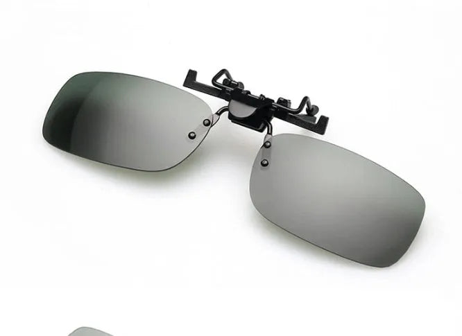 Clip-on sunglasses for prescription glasses in PC material, shown in large and small sizes with different coloured lenses.