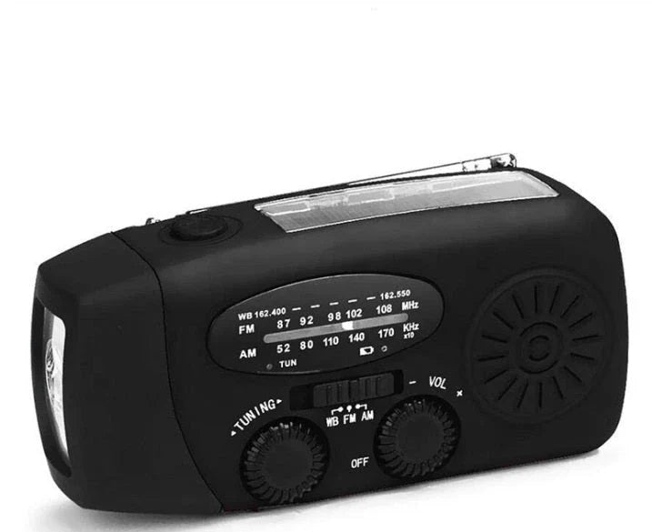 Portable solar and hand-cranked USB charging radio flashlight with LED illumination for outdoor adventures and emergency preparedness