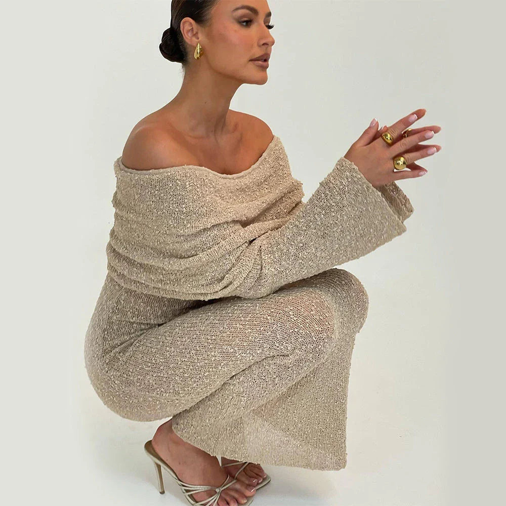 One-shoulder knit maxi dress in various colors, featuring a high-waisted silhouette and flowing skirt for a flattering and stylish look.