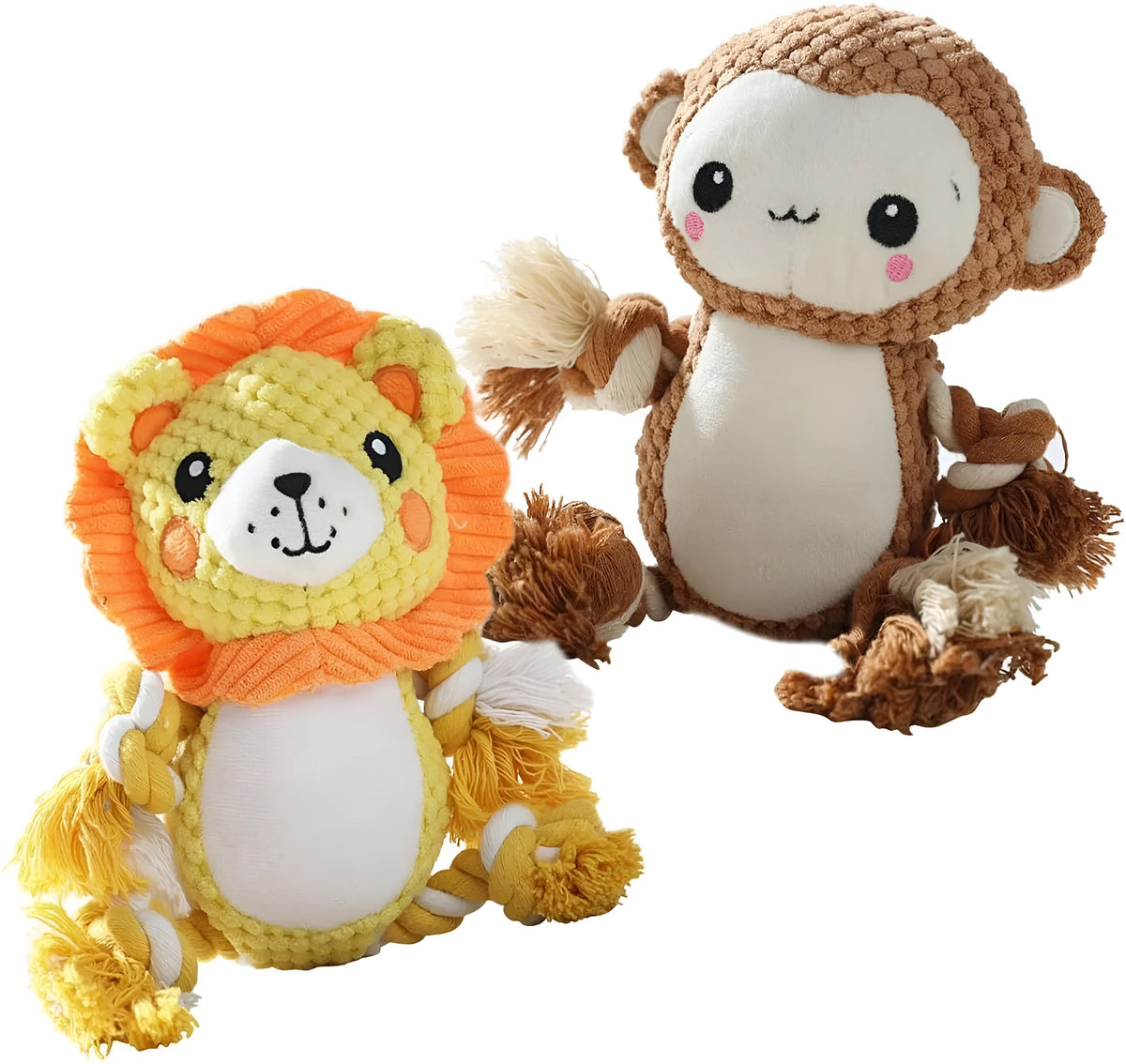 Plush monkey and lion squeaky dog toys on a white background, showing sizes 17x13.5cm and 9x12cm