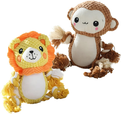 Plush monkey and lion squeaky dog toys on a white background, showing sizes 17x13.5cm and 9x12cm
