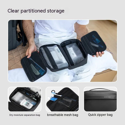Men's portable toiletries storage bag with wet dry separation compartments in Oxford cloth
