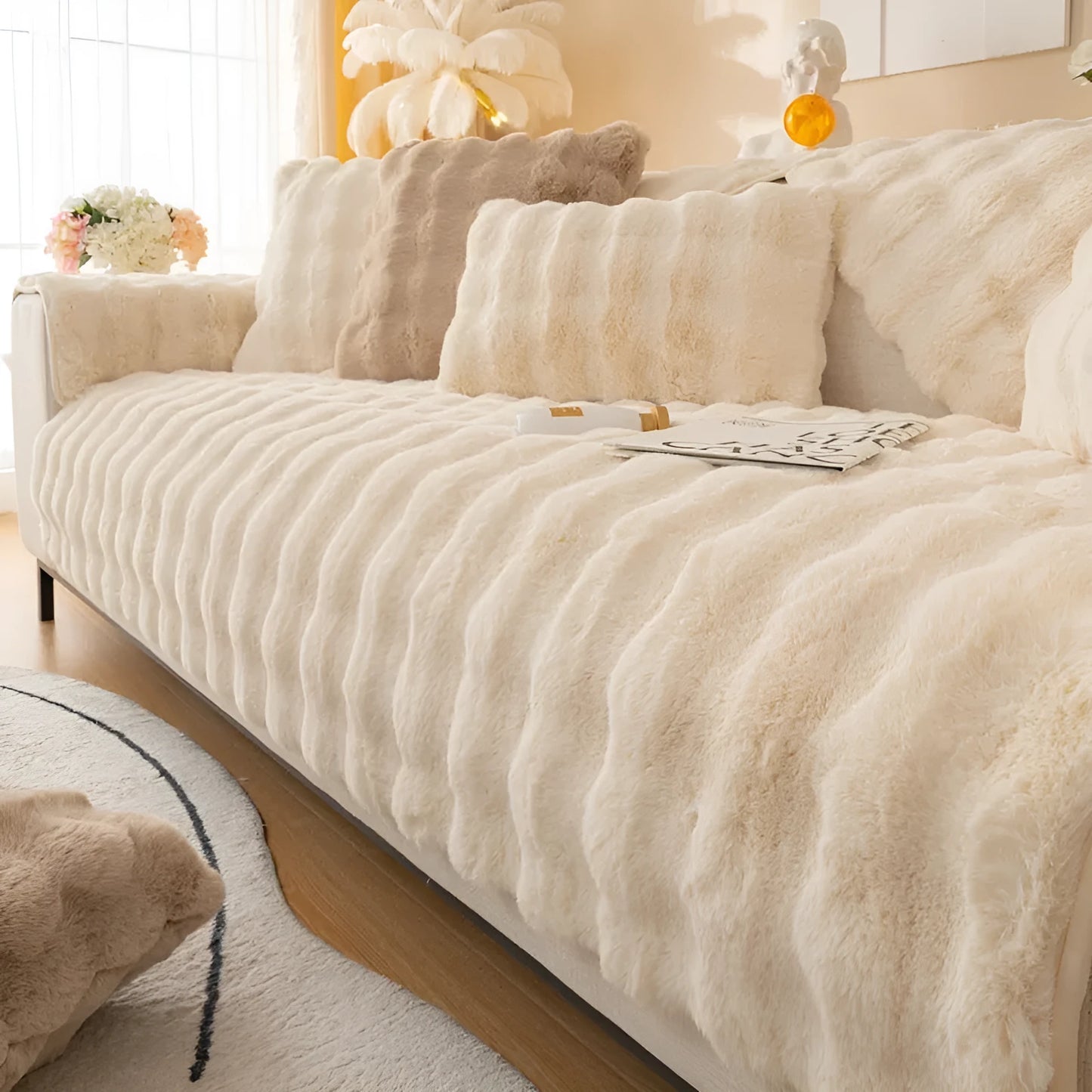 Modern solid colour sofa cushion with thickened bubble rabbit hair plush fabric on a combination sofa.