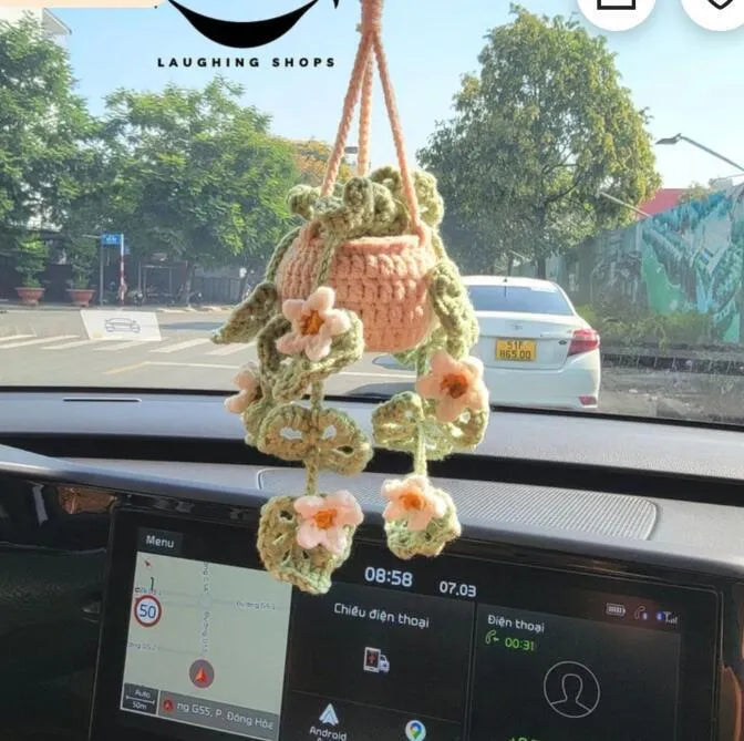 Green and white fishing style car plant decoration with 8cm base and 25cm hanging rope