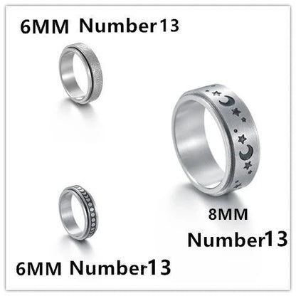 Titanium steel ring with intricate star and moon designs, available in various sizes and colors