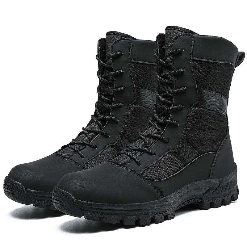 Men's plus size high-top Martin boots with mesh upper and totem detailing in black and camouflage colours