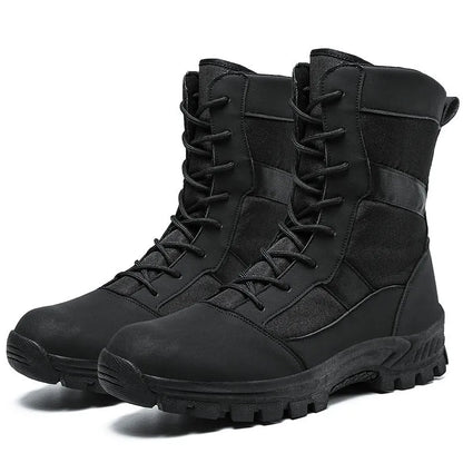 Men's plus size high-top Martin boots with mesh upper and totem detailing in black and camouflage colours