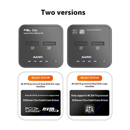 MAIWO K3016 M.2 SSD dock unit with inserted solid-state drive, connected via USB-C cable to a laptop.