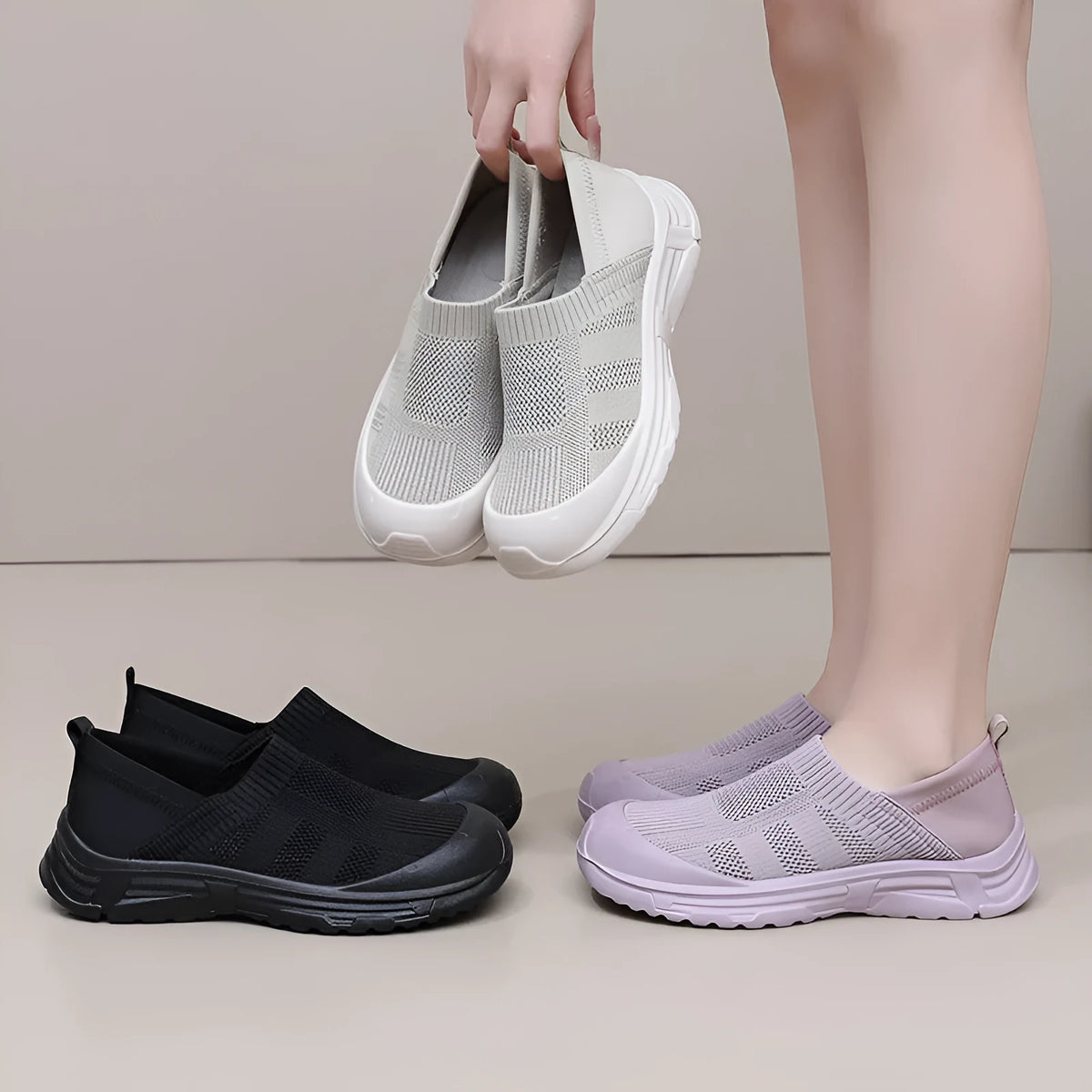 Women's black one pedal slip-on shoes with breathable cloth upper and PVC sole