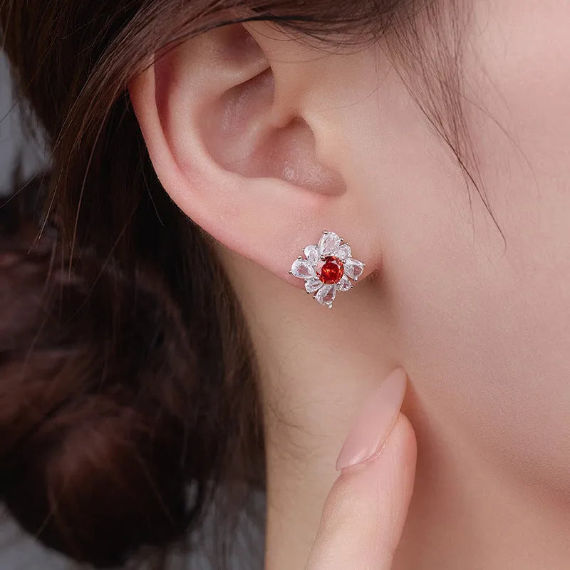 Silver retro geometric women's earrings with diamond red pigeon design and white gold colour finish