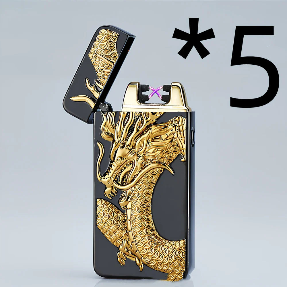 USB charging windproof metal lighter in Ice Golden Dragon design, 73.5x35x13mm compact size for reliable flame