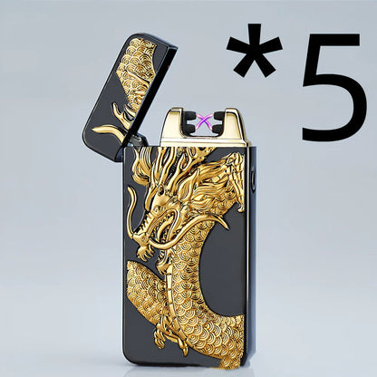 USB charging windproof metal lighter in Ice Golden Dragon design, 73.5x35x13mm compact size for reliable flame
