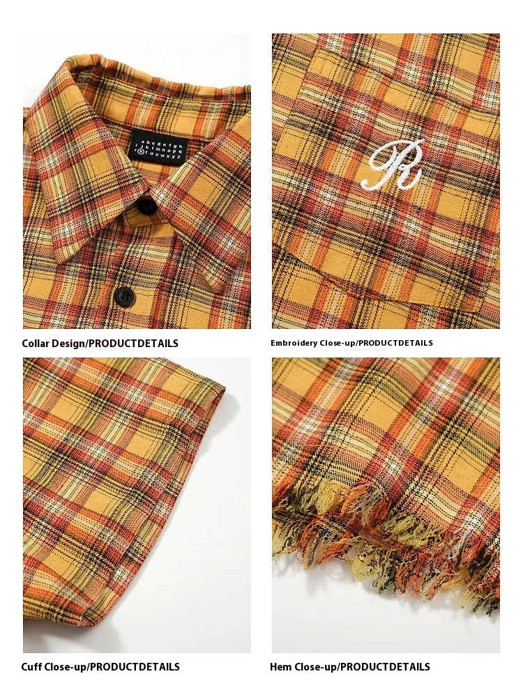 Yellow grid pattern short sleeve plaid shirt with embroidered pocket, loose fit casual shirt