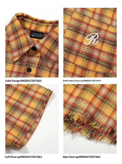 Yellow grid pattern short sleeve plaid shirt with embroidered pocket, loose fit casual shirt