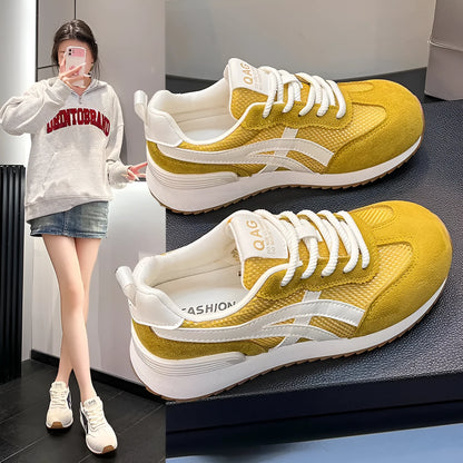 Women's white lace-up casual sneakers with round toe and non-slip sole