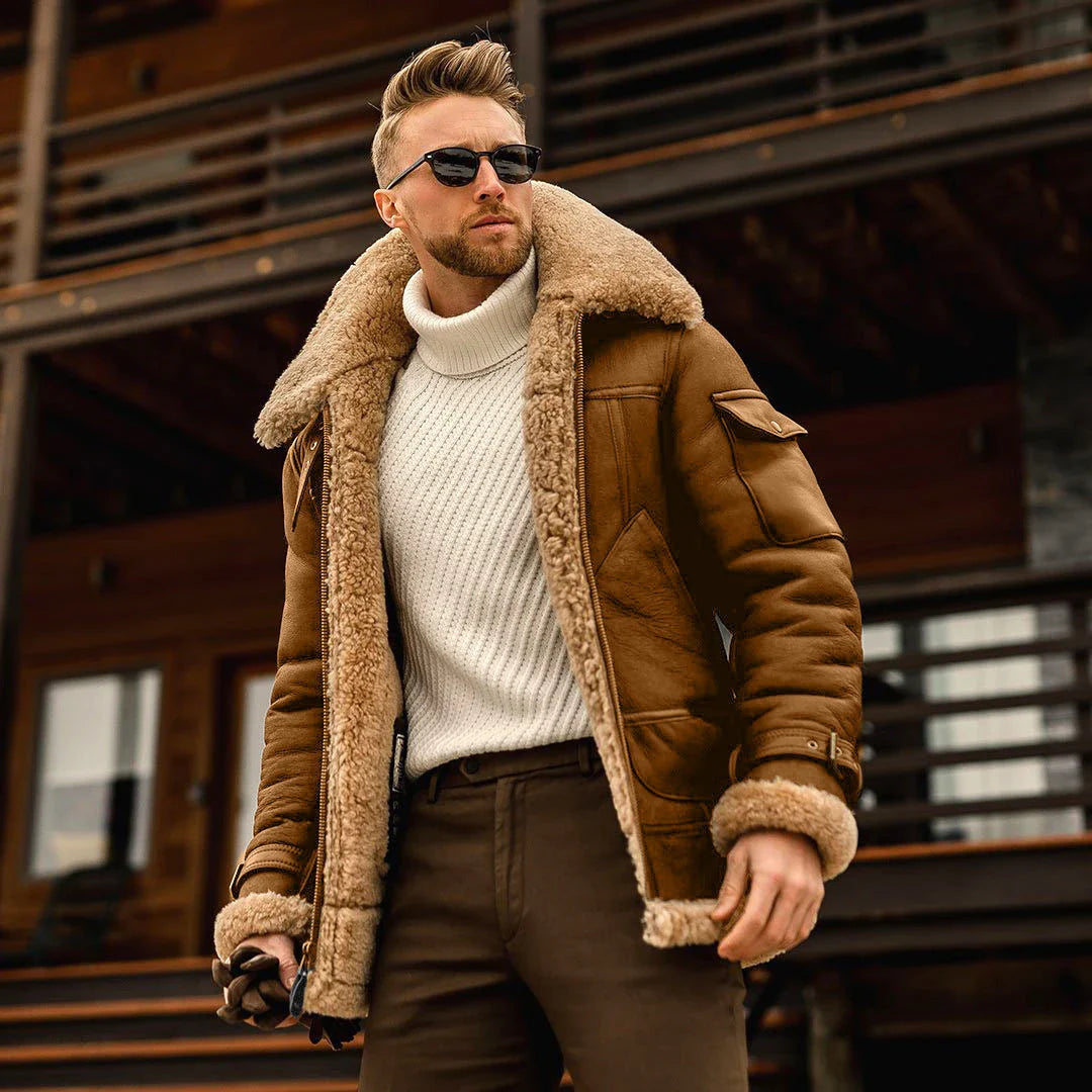 Military-inspired fleece jacket for men, featuring a plush fur collar, multiple pockets, and a range of classic color options.