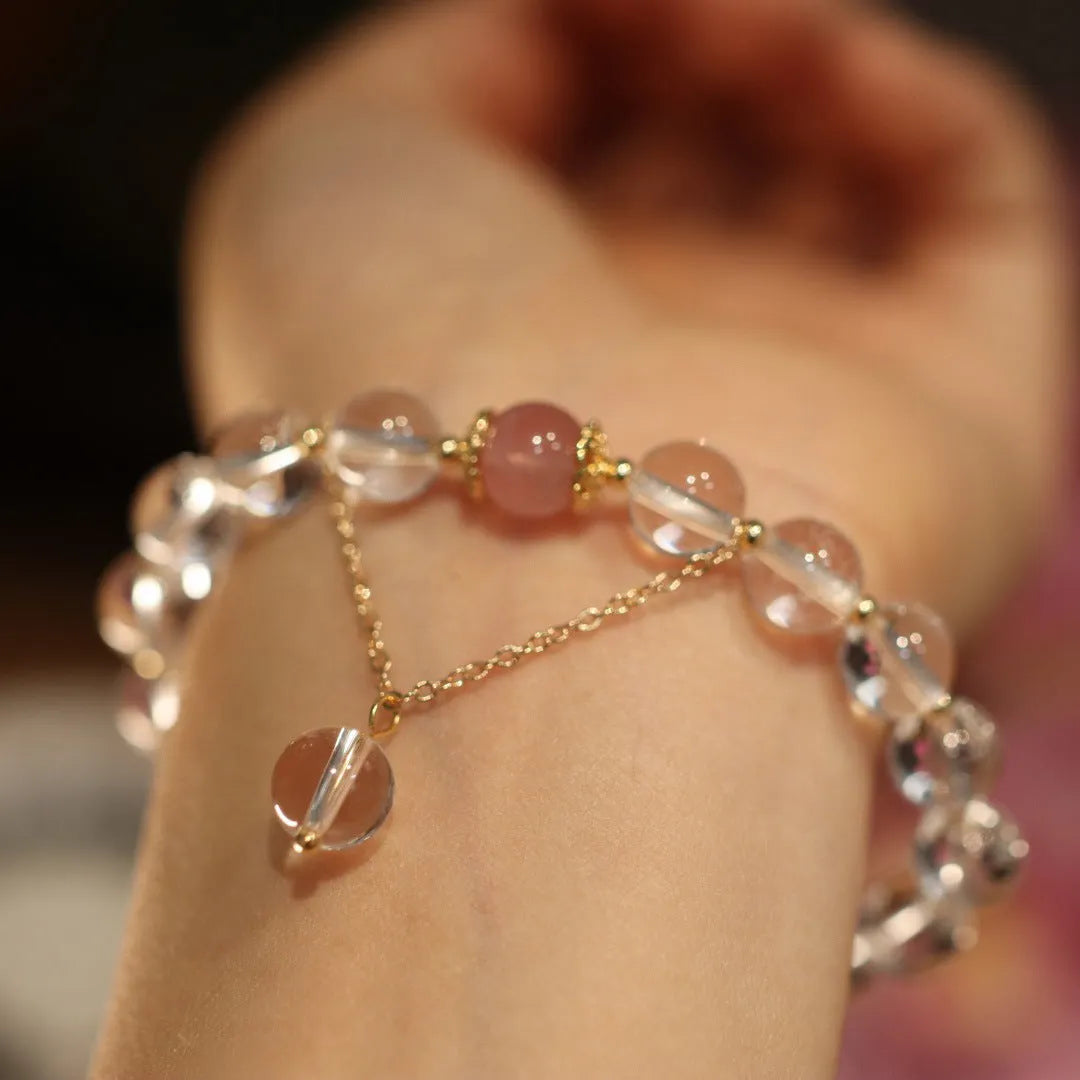 Women's white crystal cat eye obsidian bracelet with pink beads in Chinese geometric pattern