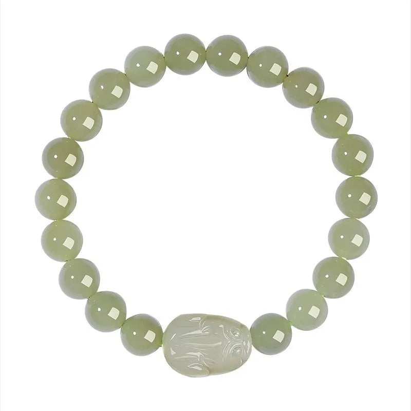 Women's polished Hetian jade ethnic bracelet showing 6mm, 8mm, and 10mm bead size options.