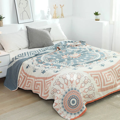 Pure cotton five-layer towel blanket with bohemian plant print, shown in blue or orange, 150x200cm or 200x230cm
