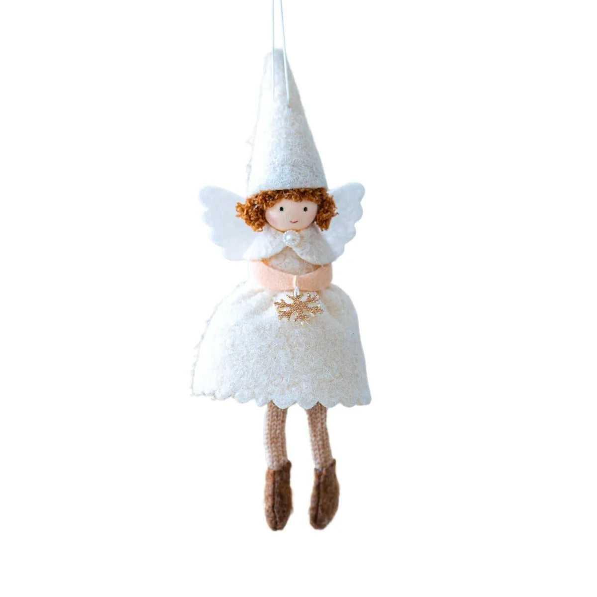 White and pink cloth felt Christmas angel skirt pendant ornament on a tree branch.