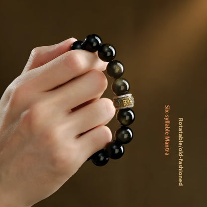 Hand-carved cinnabar bead bracelet with animal zodiac designs in gold or silver stone