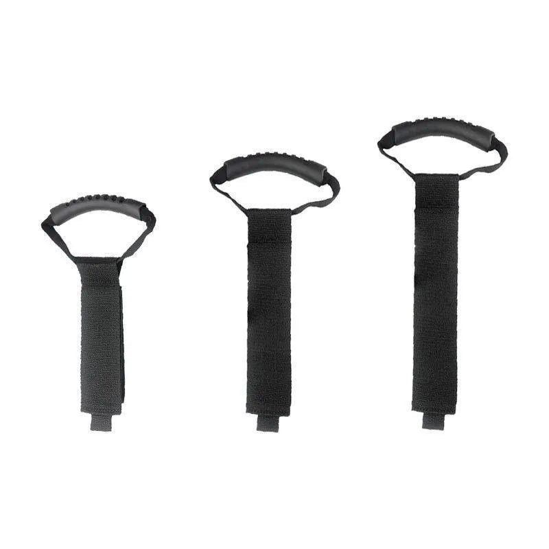 Portable heavy-duty nylon storage strap with Velcro handle for outdoor products, available in S, M, and L.