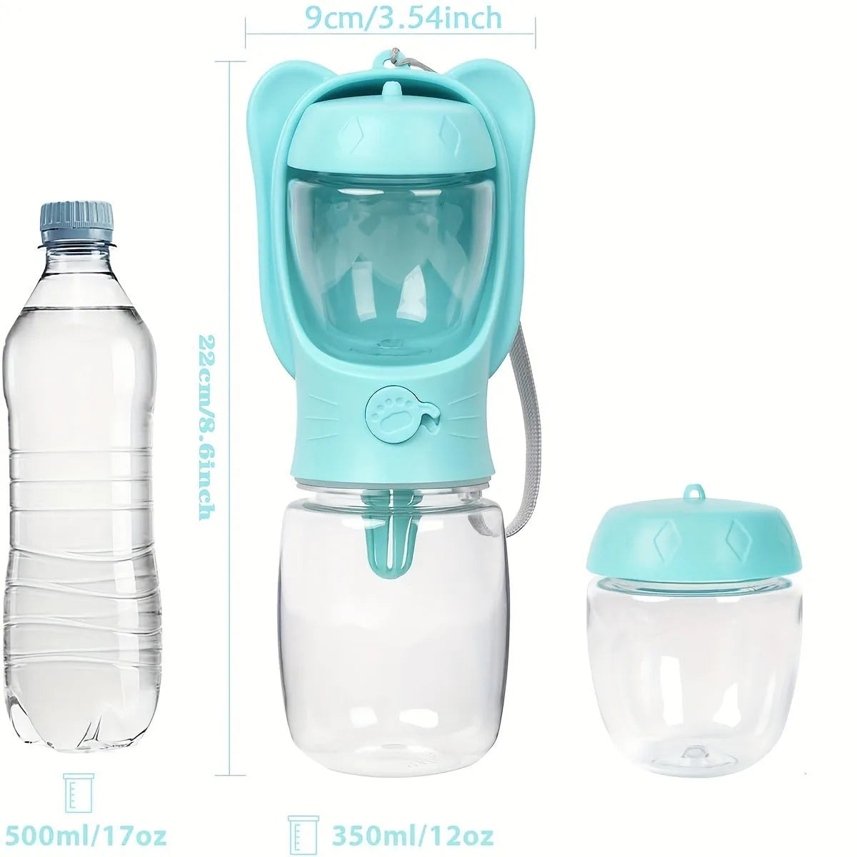 2 in 1 dog water bottle with food container in green, pink or white, 350ml or 550ml, leak proof portable pet dispenser