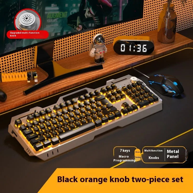 Aluminium alloy mechanical gaming keyboard with rainbow lighting, shown with a macro mouse and gaming headset.