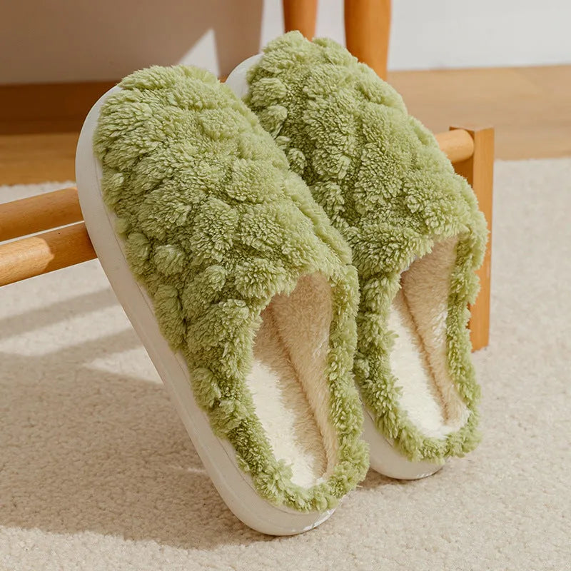 Unisex cartoon plush slippers with memory foam heels and anti-skid EVA soles in pink, green, beige, gray and brown