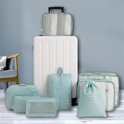8-piece set of travel packing organisers in various colours for efficient luggage packing