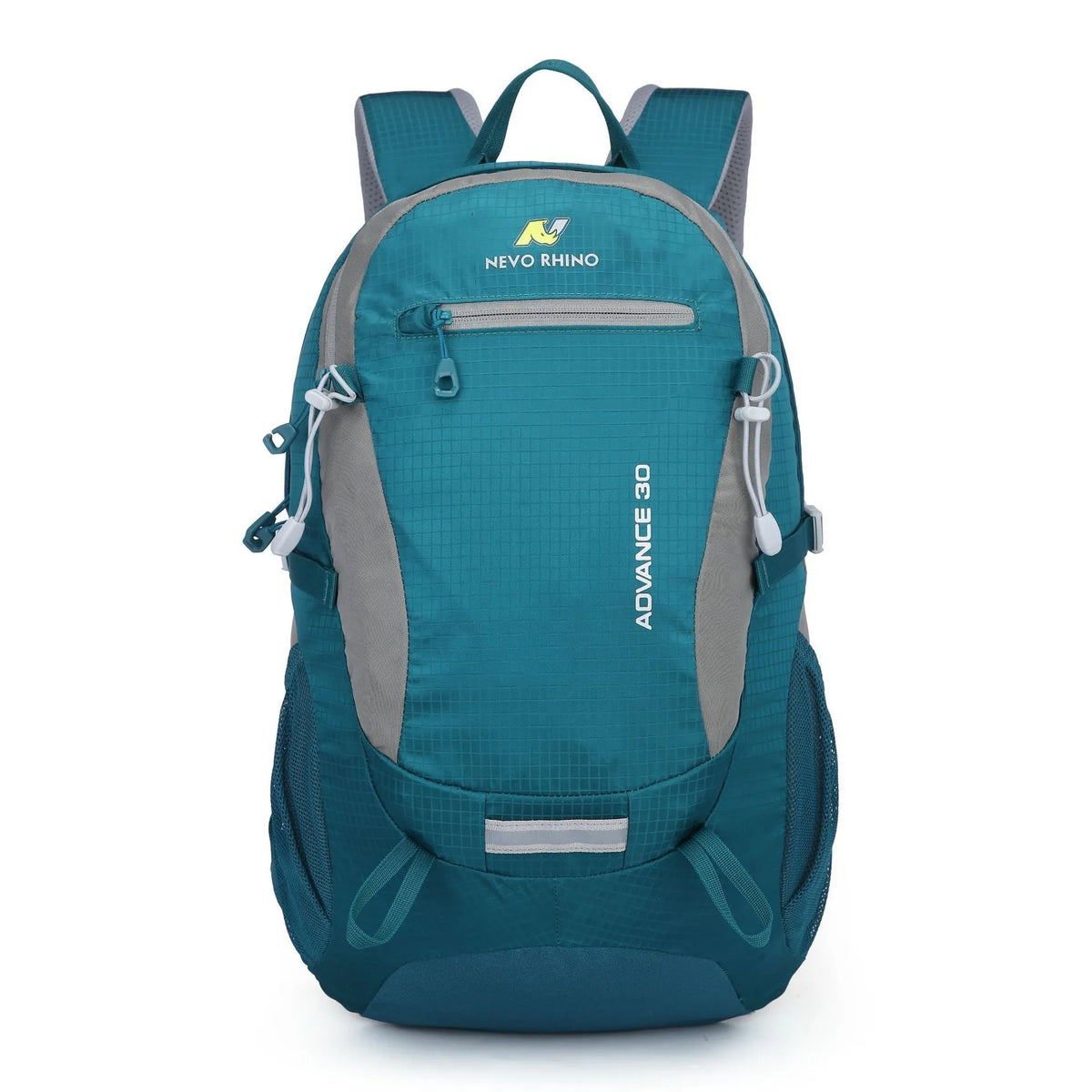 Dark green 30 litre nylon waterproof hiking backpack with airpillow straps on a neutral background.