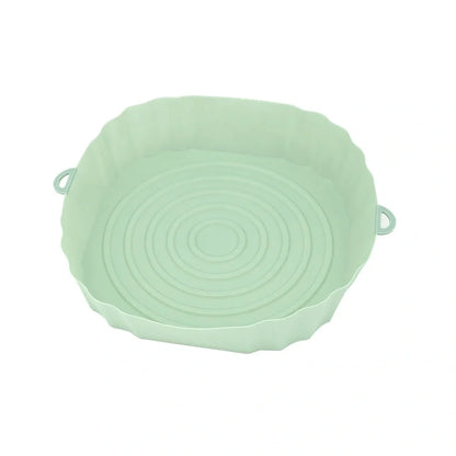 Silicone air fryer baking tray with 4.5cm depth in light grey, pink, brown or green