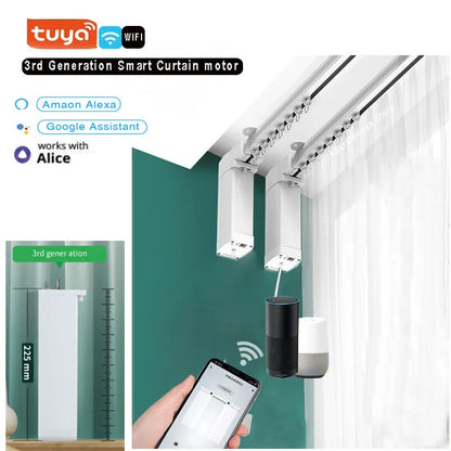 Smart curtain motor kit with aluminium track, rechargeable battery unit, and remote control