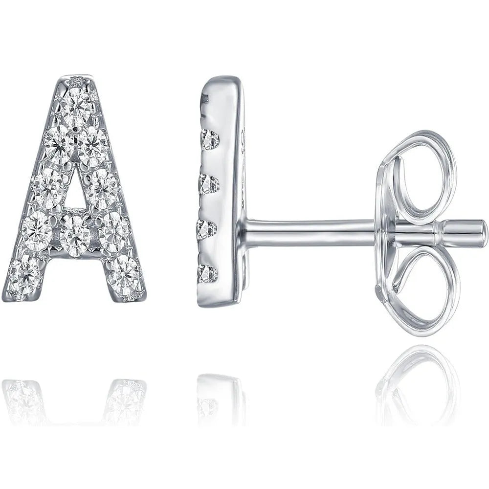 Brass gold plated alphabet letter earrings with zircon accents showing A-Z character options