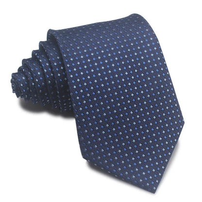 Close-up of a red and black striped men's business tie with a textured Jacquard weave, showing the 8cm width and arrow point shape.