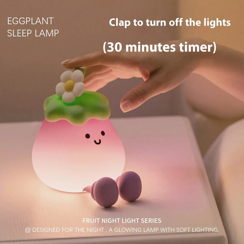 Cartoon eggplant night light with soft yellow glow provides eye protection and ambient lighting, 100mm diameter eggplantshaped lamp uses 18650 lithium battery with 1200mAh capacity
