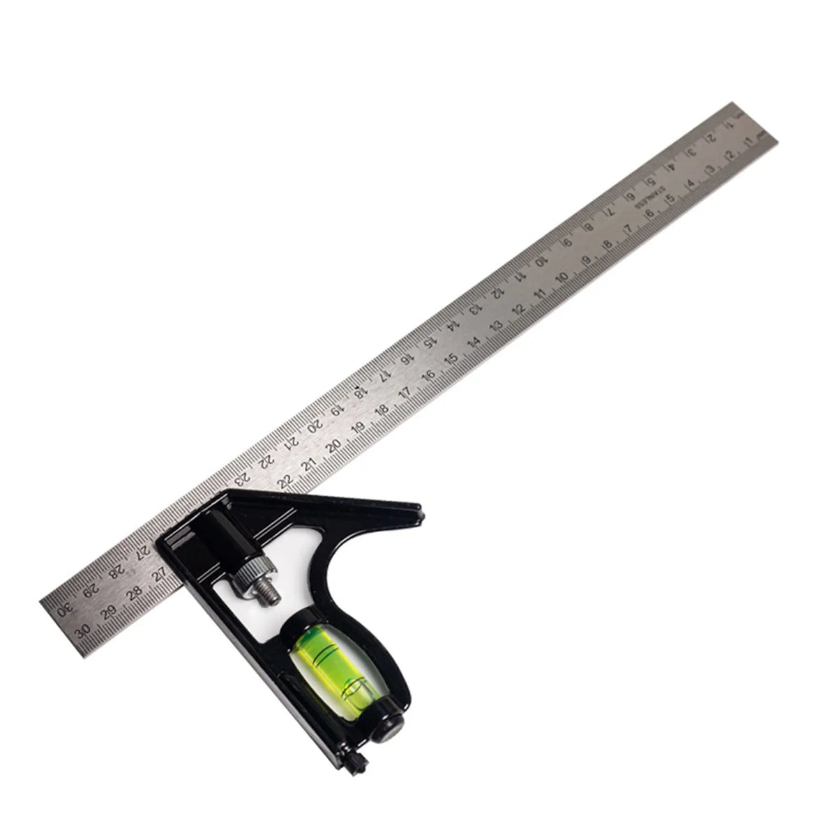 Red thin 7-inch metal combination angle ruler with metric scales on both sides for civil surveying