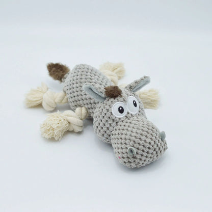 Grey donkey-shaped plush dog toy with cloth velvet material showing creaking sound feature