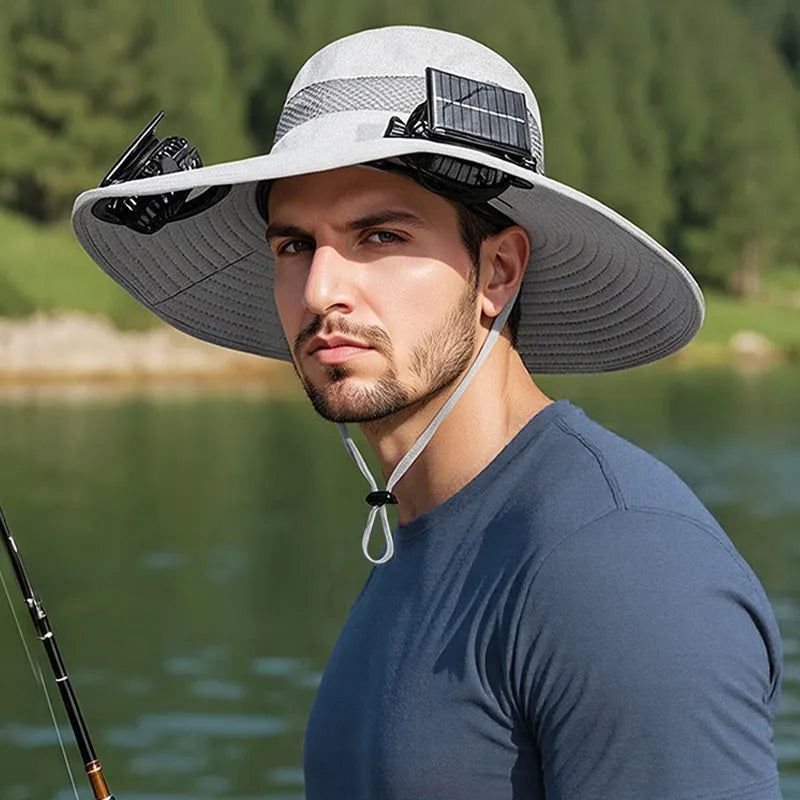 Solar-powered fan hat for men with a wide brim and adjustable chin strap, shown in a neutral colour.