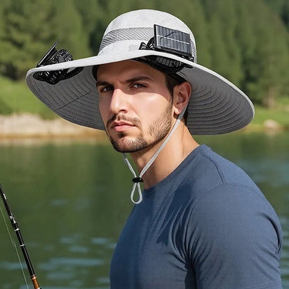 Solar-powered fan hat for men with a wide brim and adjustable chin strap, shown in a neutral colour.