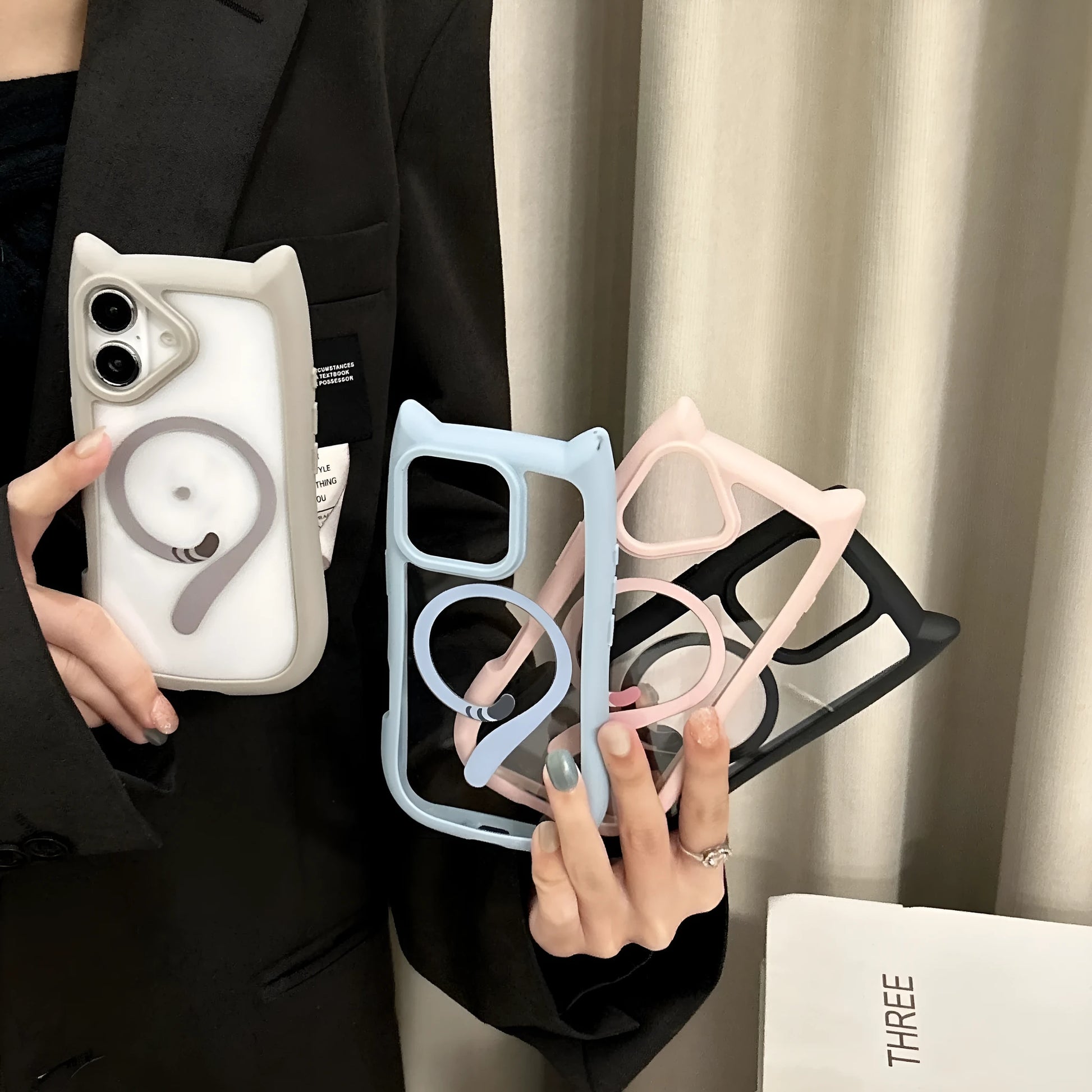 Transparent acrylic TPU phone case with magnetic suction for iPhone 17 series in black, blue, grey, and pink colours