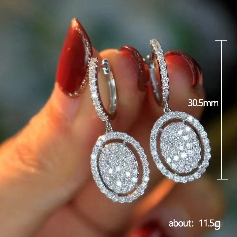 Elegant white gold plated oval earrings for women, geometric design, European and American style