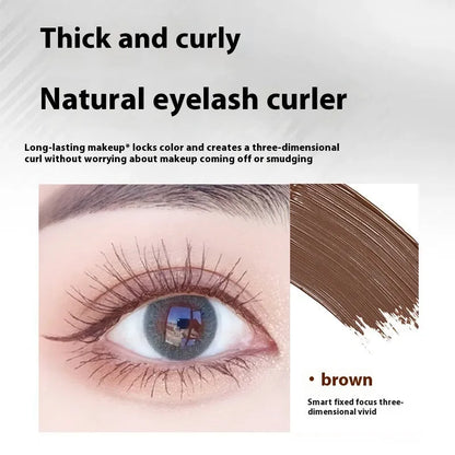 Waterproof steel tube mascara in black and brown shades with optional eyelash curler.