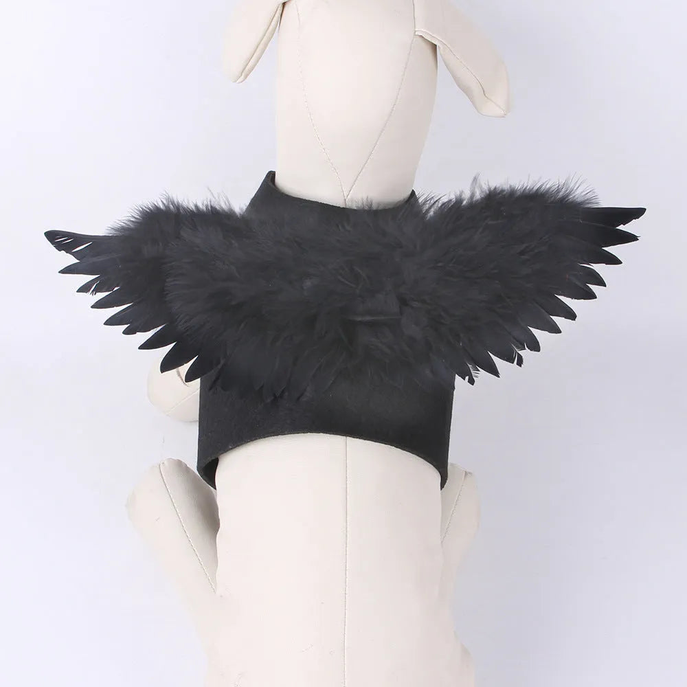 Halloween angel wings dog costume with chest-back harness in black or white felt cloth